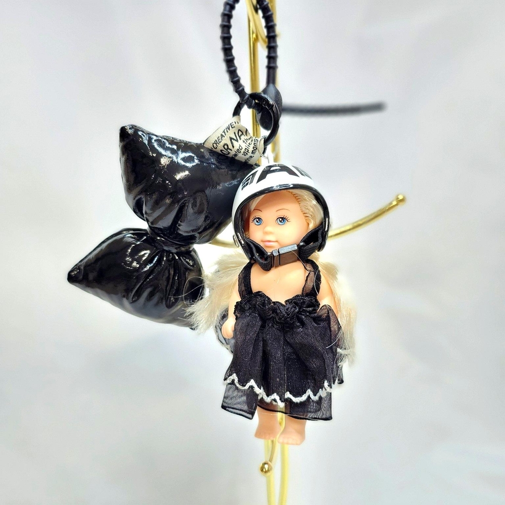 Black Mini Dress Barbie Keychain with Helmet & Bow – Unique Bag Charm Gift